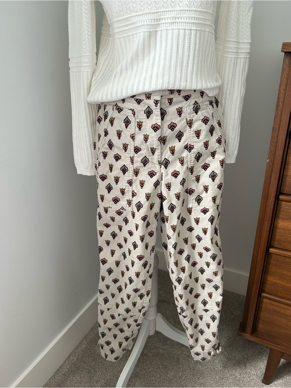 Anthropologie Cream Printed Elastic-Waist Pants with Blue Trim